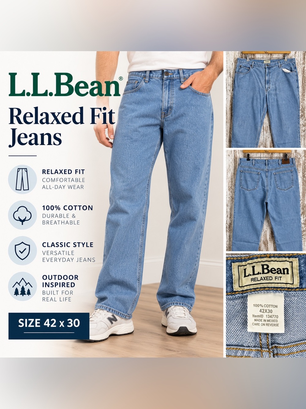 L.L.Bean Men’s Relaxed Fit Light Blue Jeans Size 42x30 100% Cotton